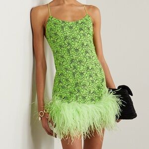 •LESLIE AMON Laurie Feather-trimmed Metallic Neon Floral-jacquard Mini Dress